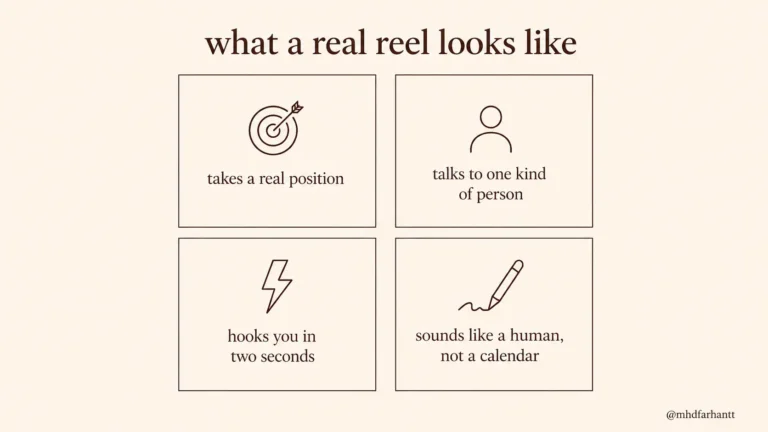Four traits of Reels that actually work: a specific position, one clear audience, a strong first two seconds, and a human voice